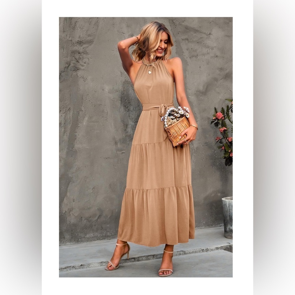 NWT Maxi  Sleeveless Halter Neck Flowy Ruffle Hem Long Boho Dresses with Belt - Picture 5 of 11